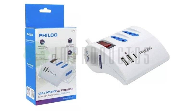 Extension Escritorio Philco 220v + 2 Usb 1 Usb-c